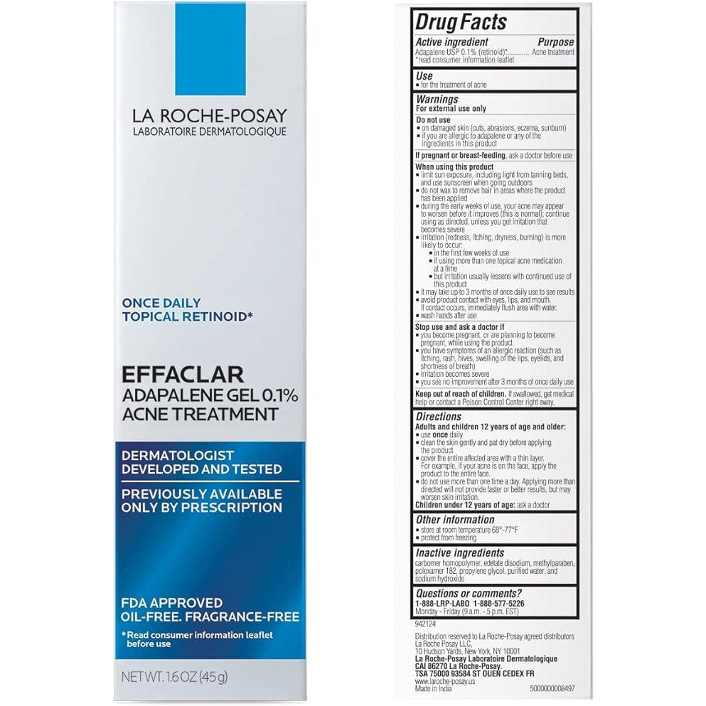 La Roche-Posay Effaclar Adapalene Gel 0.1% Acne Treatment, Prescription-Strength Topical Retinoid Cream For Face, Helps Clear and Prevent Acne and Clogged Pores