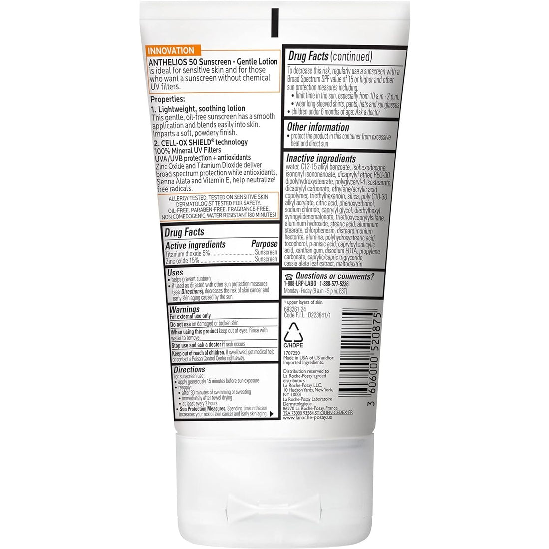 La Roche-Posay Anthelios Mineral Sunscreen Gentle Lotion Broad Spectrum SPF 50, Face and Body Sunscreen with Zinc Oxide and Titanium Dioxide, Oil-Free